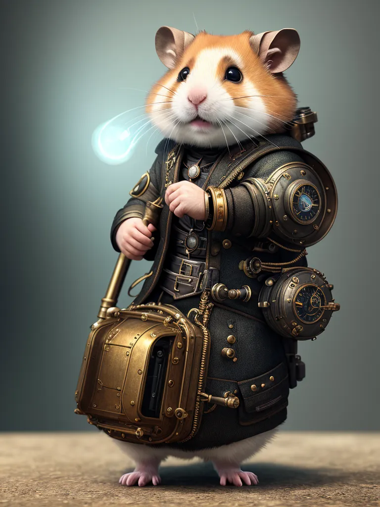 A steampunk hamster stands on a wooden table. The hamster is wearing a brown leather coat with lots of buckles and straps. There are gears and cogs attached to the coat. The hamster is also wearing a brown leather hat with a pair of goggles attached to it. The hamster is holding a large wrench in its right paw. The hamster has a serious look on its face.