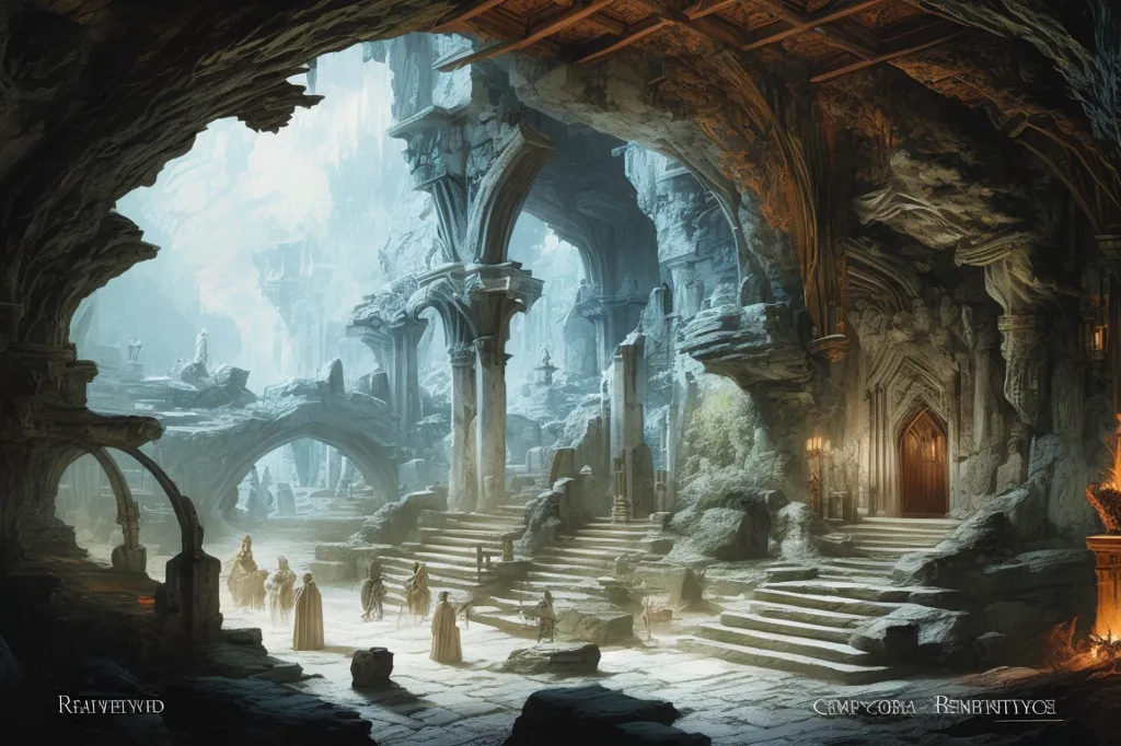 The image is a dark and mysterious cave. The walls are made of rough-hewn stone, and the floor is covered in rubble. There is a large door at the back of the cave, and it is guarded by two statues of fierce-looking warriors. The air is thick with the smell of damp earth and decay.