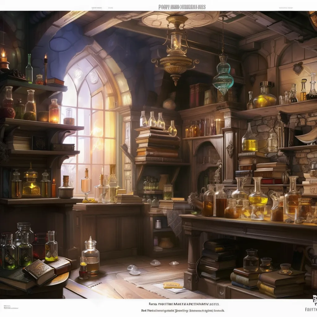 The image is of a potions classroom in a wizarding school. There are shelves lined with books and potions, a large wooden desk in the center of the room, and a stone fireplace in the corner. The room is lit by a large window and several lamps. There is a blackboard on the wall with the words \