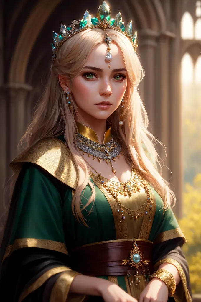 The image shows a beautiful young woman with long, flowing blonde hair. She is wearing a green dress with a gold and brown belt. The dress has a plunging neckline and is trimmed with gold. She is also wearing a gold necklace and a gold crown. The woman has a serene expression on her face and is looking at the viewer with her head tilted slightly to the right. She is standing in front of a stone archway, with a large stained glass window in the background.
