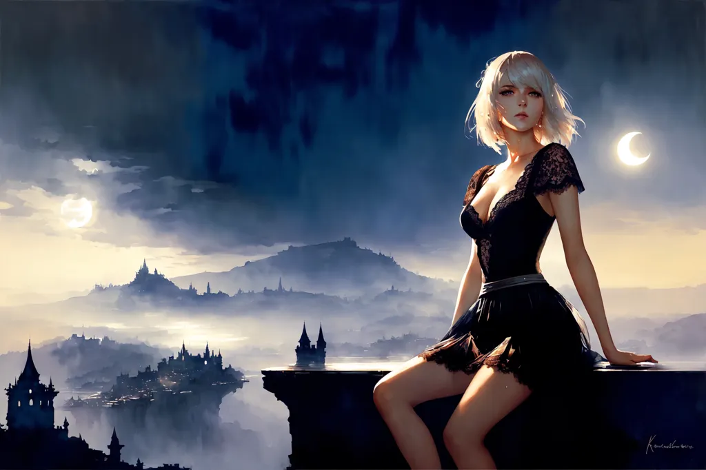 The image is a painting of a beautiful woman with short white hair. She is wearing a black dress with a lace overlay. The dress is low-cut, showing off her cleavage. She is sitting on a stone railing, looking out over a city. The city is in the distance, and is covered in a thick fog. There are two moons in the sky, one full and one crescent. The painting is done in a realistic style, and the woman's expression is one of sadness.