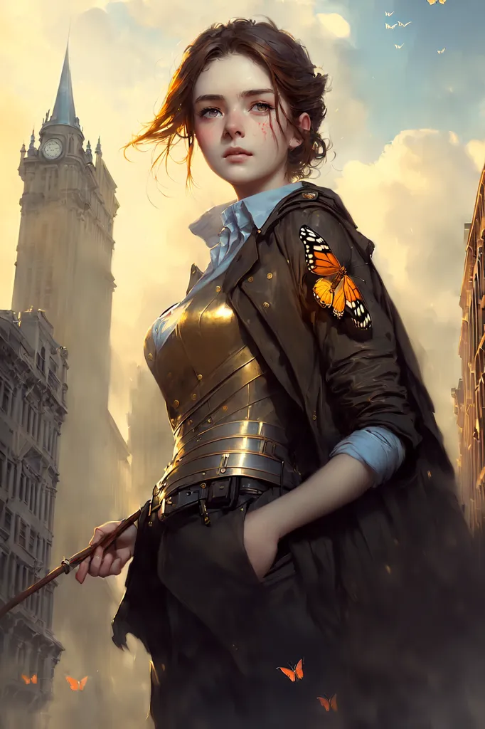 The image is of a young woman standing in a city street. She is wearing a brown jacket, a white shirt, and a gold vest. She has a butterfly on her shoulder and is holding a wand. There is a clock tower in the background and several buildings. The sky is cloudy and there are some butterflies flying around. The woman has a serious expression on her face.