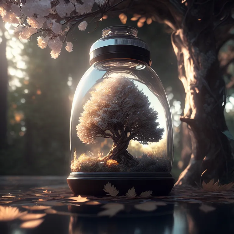 The image is a digital painting of a tree inside a glass jar. The tree is large and has a thick trunk with gnarled branches. The leaves are a light green color. The jar is sitting on a wooden table. There is a small amount of water in the bottom of the jar. The background is a forest with a few rays of sunlight shining through the trees. The image is very realistic and has a surreal quality to it.