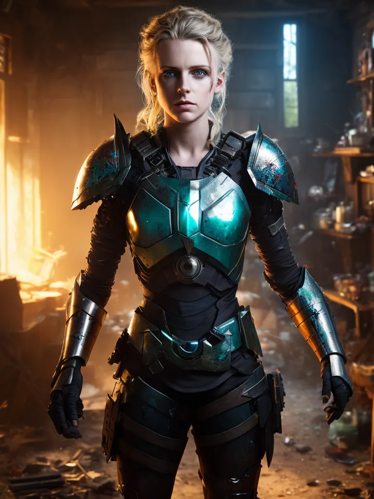 The image shows a young woman standing in a dark room. She is wearing a futuristic suit of armor that is blue and black. The armor has a metallic sheen and looks like it is made of metal plates. The woman's hair is blonde and shoulder-length. Her eyes are blue and her skin is fair. She has a determined expression on her face. There are shelves and clutter behind her.