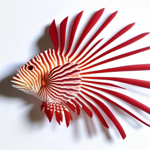 The image contains a red and white striped fish. The fish is facing the left of the image. It has a long, flowing mane of red and white stripes. Its body is covered in small, white spots. The fish's eyes are yellow and its mouth is open. The background of the image is white.