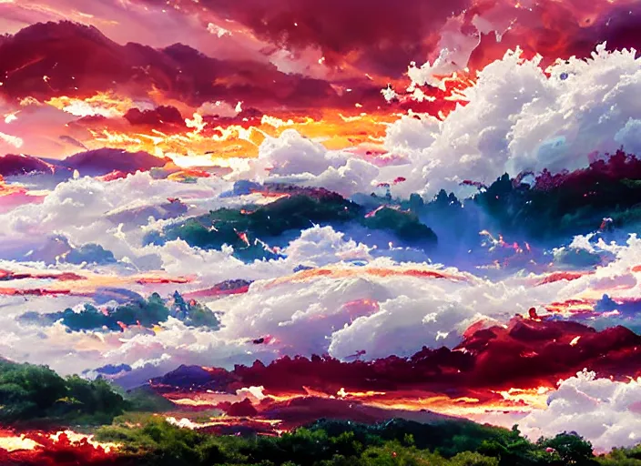 The image is a beautiful landscape painting. The sky and clouds are a vibrant mix of red, orange, yellow, and pink. The clouds are fluffy and look like they are moving quickly. The sun is setting behind the clouds and is casting a warm glow over the landscape. The foreground is a lush green field with a few trees. The painting is done in a realistic style and the colors are very saturated. The overall effect is one of beauty and tranquility.