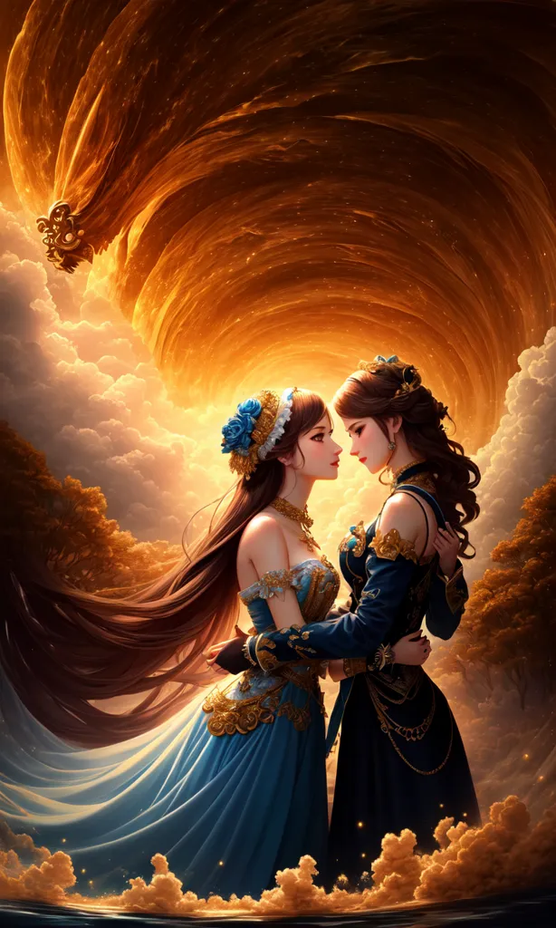 The image is a depiction of two women, both with long brown hair, standing in front of a stormy sky. The women are dressed in elegant gowns, the woman on the left wearing a blue dress with gold accents and the woman on the right wearing a dark blue dress with gold accents. The background of the image is a swirling vortex of clouds.