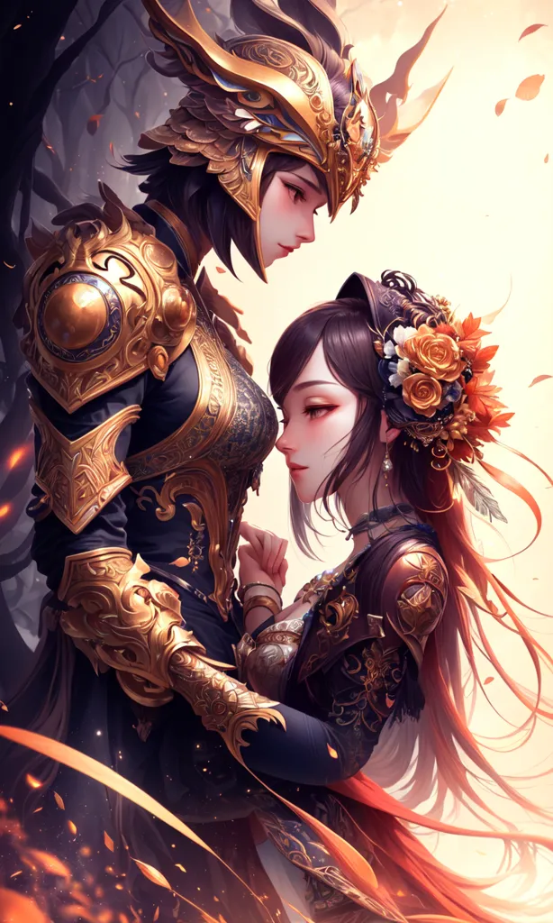 This is an image of two beautiful women. The woman on the left is wearing a golden armor and a helmet with a red plume. She has long black hair and green eyes. The woman on the right is wearing a black dress with a white camisole. She has long red hair and brown eyes. The two women are standing close to each other and the woman in the golden armor has her hand on the woman in the black dress's shoulder. The background is a blur of orange and yellow-colored flames.