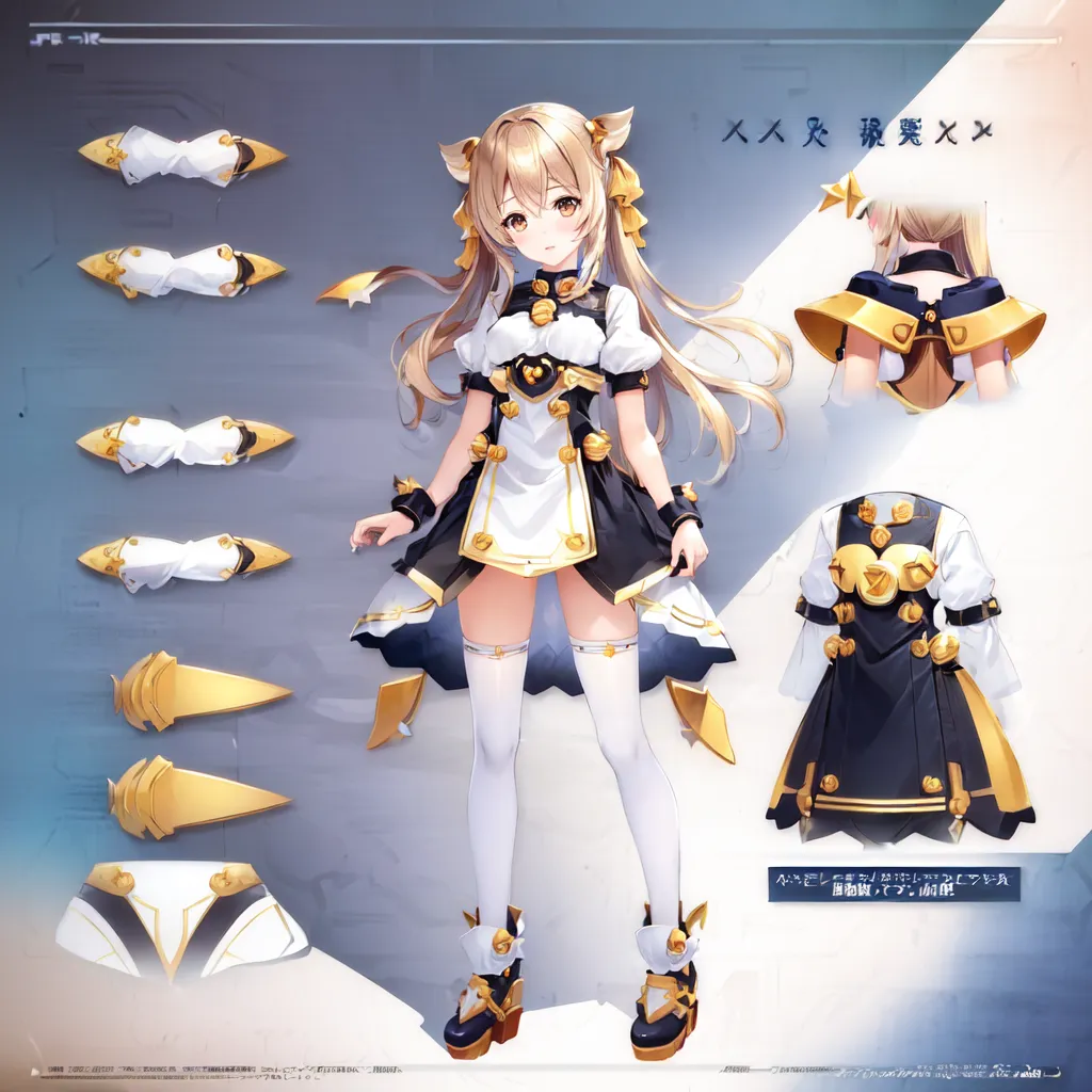 The image is of an anime-style girl with long, flowing hair and cat ears. She is wearing a white and gold dress with a black corset and a long, flowing skirt. She also has on a pair of black boots and a pair of white gloves. She is standing in a pose with her left hand on her hip and her right hand holding a sword. She has a serious expression on her face. The background is a light blue color, and there are several pieces of text on the right side of the image. The text is in Japanese, and it appears to be the name of the character and her weapon.