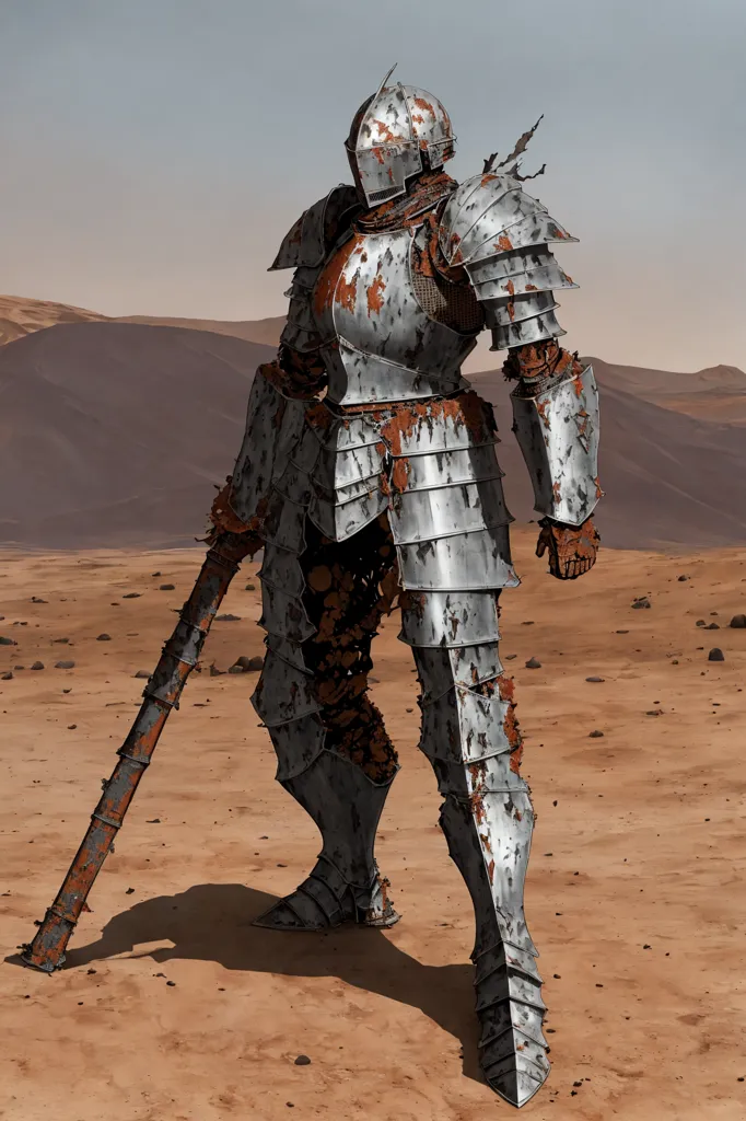 The image depicts a tall, imposing figure standing in the middle of a desert landscape. The figure is wearing a suit of armor that is badly damaged and rusted. The armor is made of metal plates that are riveted together, and it covers the figure's entire body. The figure's helmet is missing, and its face is obscured by a visor. The figure is holding a large, rusty sword in its right hand. The sword is broken, and the blade is missing. The figure is standing in a relaxed pose, and it appears to be waiting for someone.