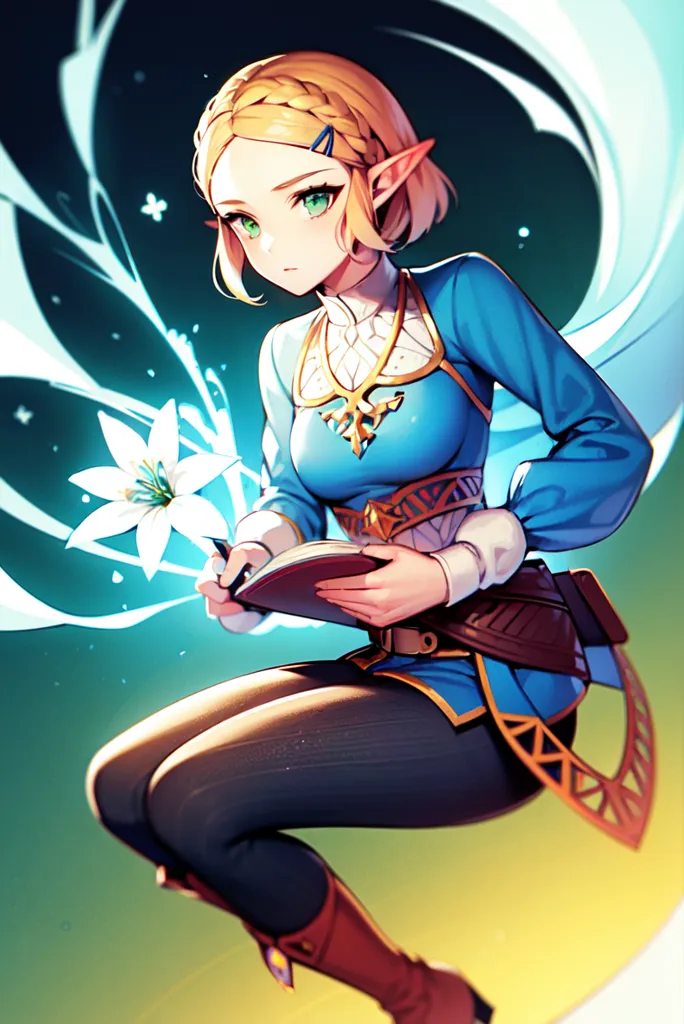 The image is of a young woman with long blonde hair and green eyes. She is wearing a blue tunic with a white collar and brown boots. She is sitting on a rock with her legs crossed and is holding a book in her hands. She is looking at a white flower in her left hand. There is a blue glow around her and a white flower is in front of her. She is surrounded by a soft, glowing light.