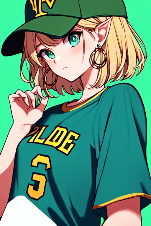 A imagem é uma pintura digital de uma jovem mulher com cabelos loiros e olhos verdes. Ela está usando uma boné de beisebol verde e uma camiseta verde com a palavra "ALDE" e o número 3 nela. Ela tem uma expressão confiante no rosto e está olhando para o espectador. Sua mão direita está segurando a aba de seu chapéu, e sua mão esquerda está descansando em seu quadril. Ela tem orelhas de elfo e está usando brincos de argola. O fundo é uma cor verde claro sólido.