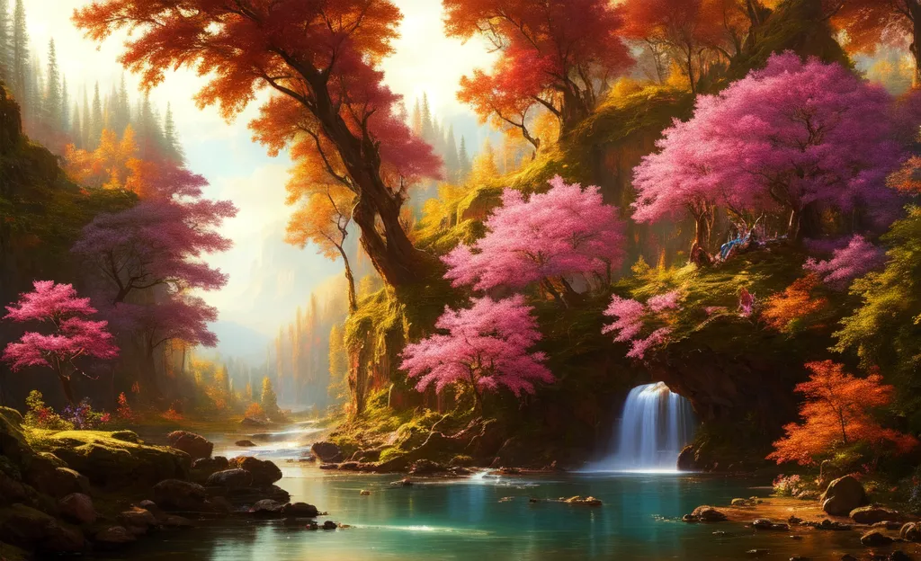 The image is of a beautiful forest with a river running through it. The trees in the forest are in full bloom, with bright pink and orange leaves. The river is a clear blue, and it flows over a small waterfall. There is a large rock in the middle of the river, and a tree is growing on the rock. The sun is shining through the trees, and it creates a beautiful dappled pattern on the ground. There are two figures in the distance, walking towards the waterfall.