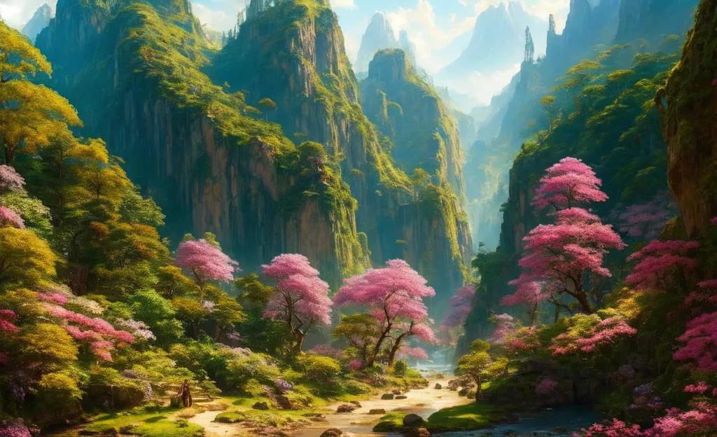 The image is a beautiful landscape painting of a valley in the mountains. The valley is filled with lush green trees and pink flowers. There is a river running through the valley and a mountain in the background. The sky is a clear blue and there are white clouds dotting the sky. The painting is done in a realistic style and the colors are vibrant and lifelike. The overall effect of the painting is one of peace and tranquility.
