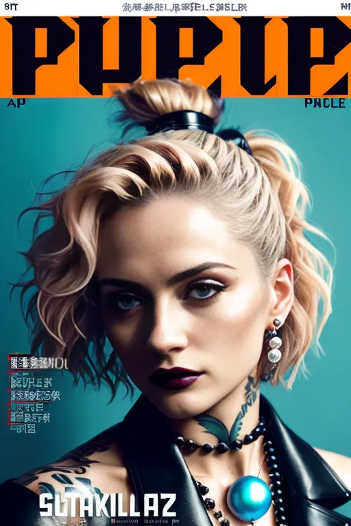 The image is a cover of a magazine called Purple. The cover features a young woman with short blonde hair and dark roots. She is wearing a black leather jacket and a pearl necklace. The background is blue-green. The woman's expression is serious. The image is taken from a high angle.