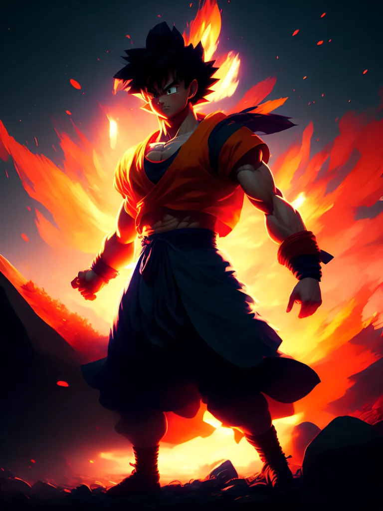 The image is of Goku, a character from the Dragon Ball series. He is standing in a rocky field, with a large mountain in the background. He is wearing his orange and blue outfit, with his black hair standing up in spikes. He has a serious expression on his face, and his eyes are narrowed. He is surrounded by a red and orange aura, and there are flames coming out of his hands. The background is dark, with a few stars in the sky.