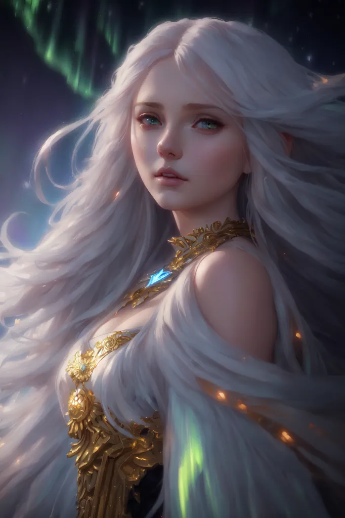 The image is a portrait of a beautiful woman with long, flowing white hair. She is wearing a golden dress with a low neckline and a blue gem necklace. Her eyes are a light green color, and her skin is fair and flawless. She is standing in front of a dark background, and her hair is blowing in the wind. She is wearing a thoughtful expression on h