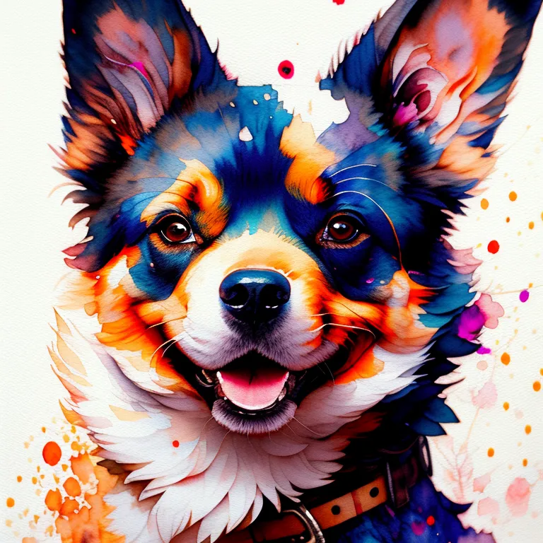 This is a watercolor painting of a happy dog. The dog has blue, orange, and white fur. It is wearing a brown collar. The background is white with colorful paint splatters. The dog's ears are perked up and its mouth is open in a smile. The painting is done in a loose, expressive style.