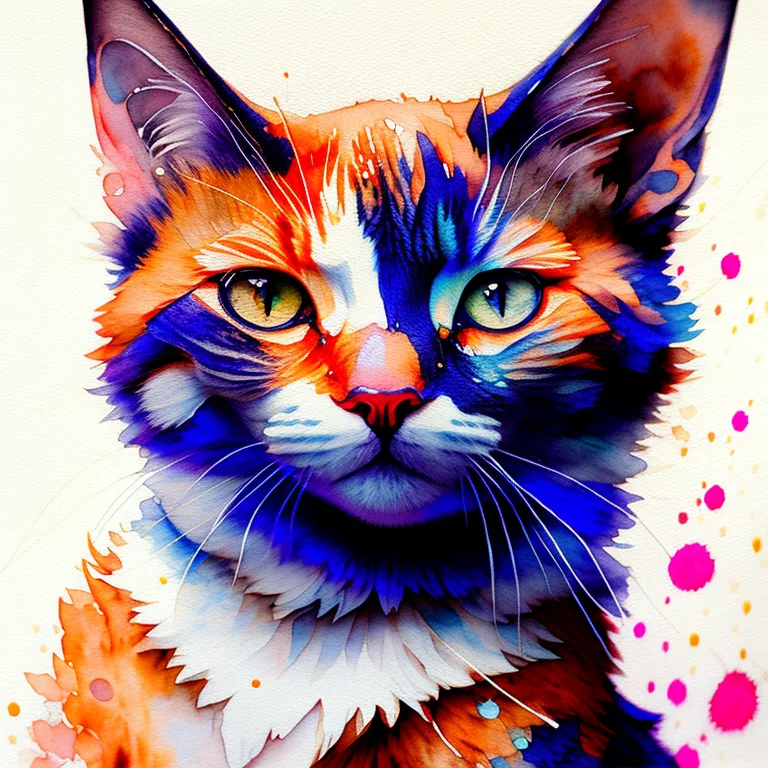 This is a watercolor painting of a cat. The cat has orange, white, and black fur. Its eyes are green and it has a pink nose. The painting has a loose painterly style and the colors are vibrant and saturated. The cat is looking at the viewer with a curious expression.