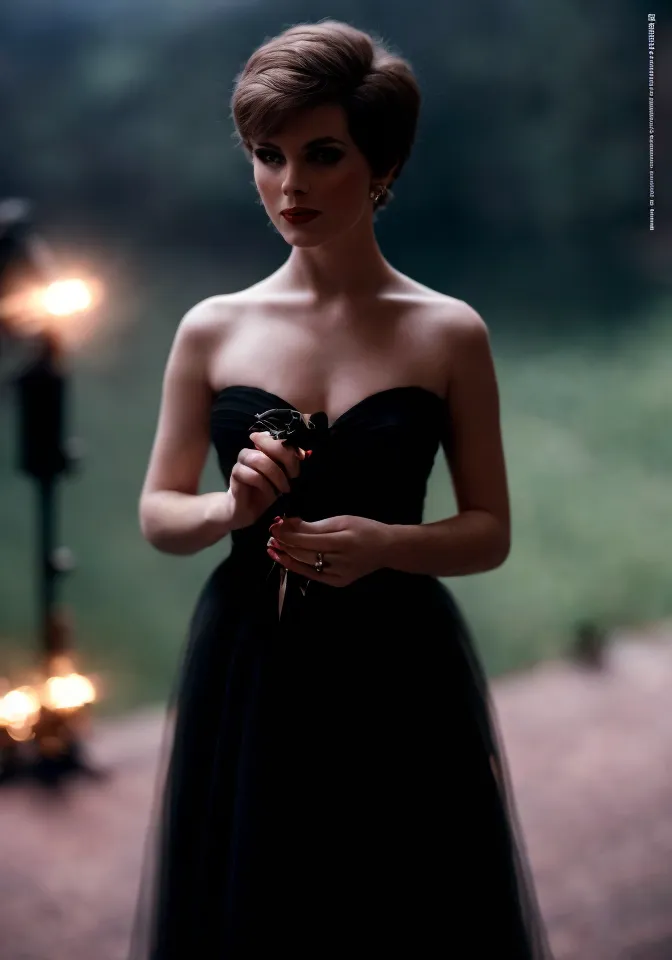 The photo shows a woman wearing a black strapless dress. She has short dark hair and is looking at the camera with a serious expression. She is holding a pair of scissors in her right hand. There is a dark background with two blurry lights in the distance.