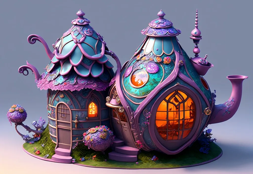 A imagem é uma renderização 3D de uma casa em forma de bule de chá caprichosa. A casa é feita de metal rosa e roxo com detalhes verdes e azuis. Ela tem um telhado curvo com uma chaminé e uma pequena porta. Há duas janelas na frente da casa. A casa é cercada por flores e plantas. A imagem é definida em um fundo cinza suave.