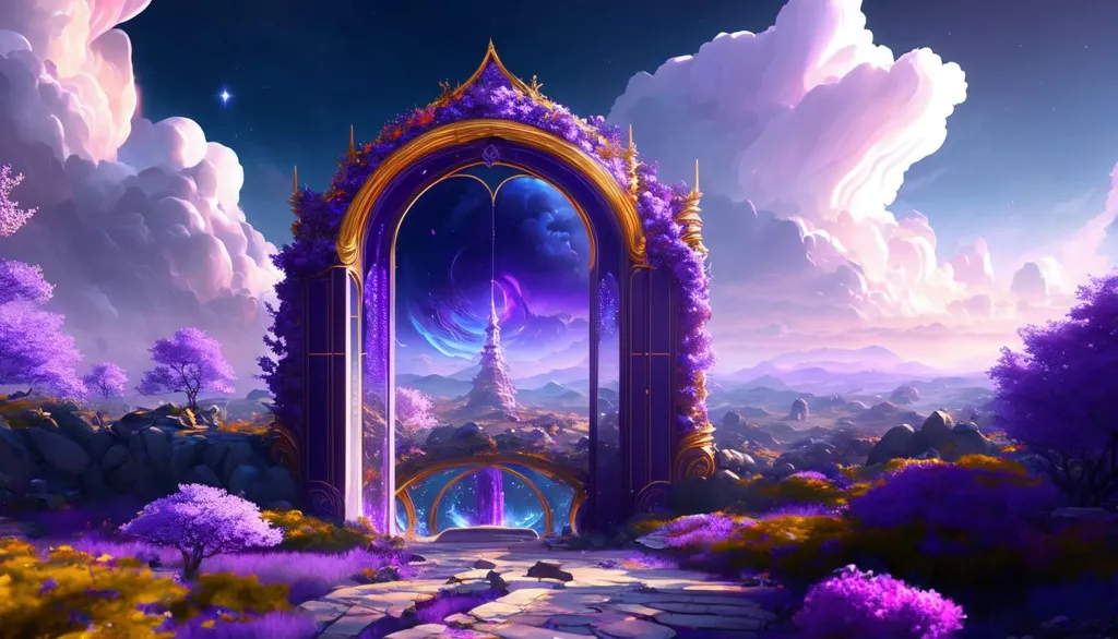 The image is a beautiful landscape with a large, ornate gate in the center. The gate is made of gold and has intricate carvings on it. It is flanked by two large trees, which are covered in purple flowers. The gate is open, and a path leads from it to a distant mountain. The sky is a deep blue, and there are clouds dotting the sky. The ground is covered in purple flowers. The image is very peaceful and serene.