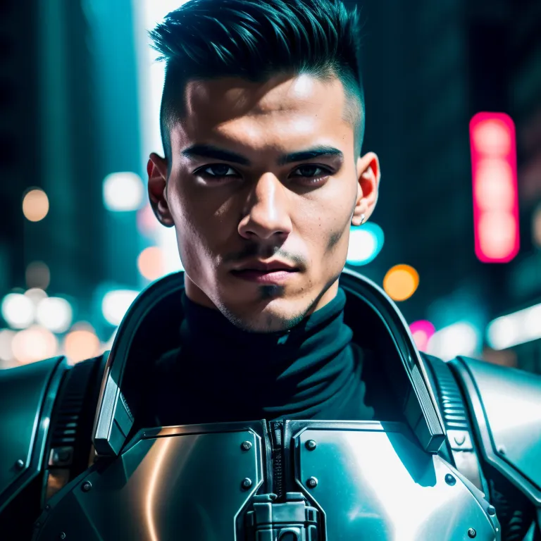 The image is a portrait of a young man with short black hair and brown eyes. He is wearing a black turtleneck and a silver metallic chest plate. The background is a blurred city street with blue and purple lights. The man's expression is serious and determined. He is looking at the camera with his head tilted slightly downward at an angle.