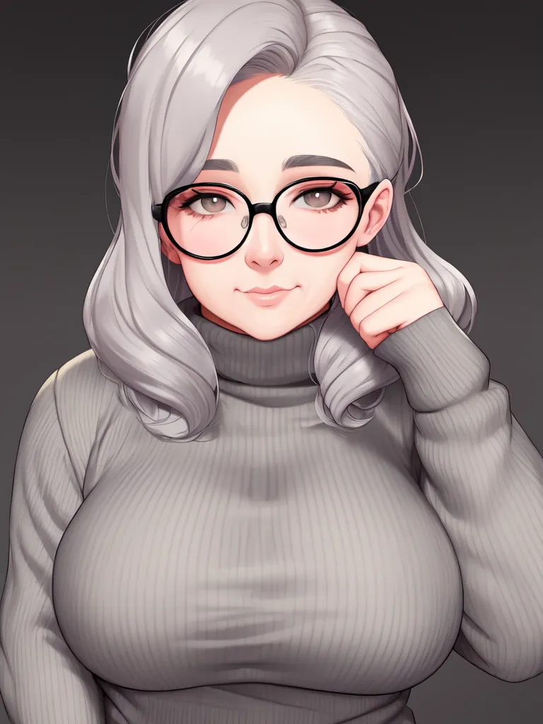 The image is a digital painting of a young woman with silver hair and brown eyes. She is wearing a grey turtleneck sweater and black glasses. She has a soft smile on her face and is looking at the viewer. Her hair is long and wavy and she has a light blush on her cheeks. She is sitting with her hand on her cheek and has a confident expression on her face. The background is a dark grey.