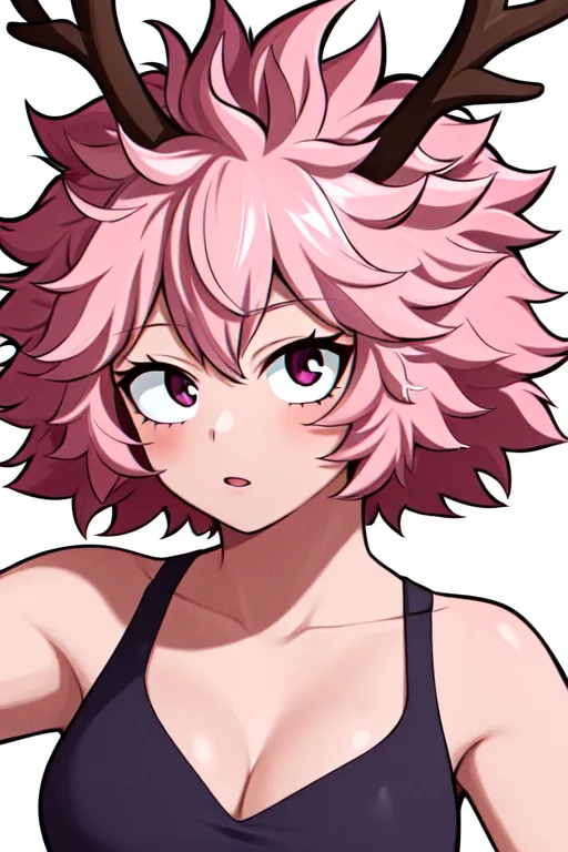 The image contains a young woman with pink hair and purple eyes. She is wearing a black sports bra. She has a surprised expression on her face. There are two large, brown antlers growing out of her head.