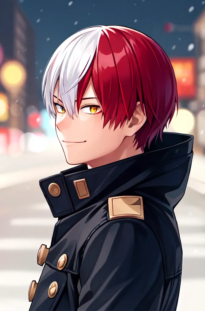 The image contains a young male character with red and white hair. He is wearing a black coat with gold buttons and a white shirt. The character has yellow eyes and a confident expression on his face. The background of the image is blurred with a hint of a cityscape.