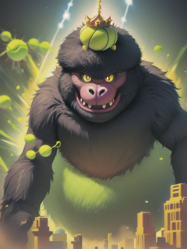 The image is a digital painting of a giant ape-like creature. The creature is covered in black fur and has a large, muscular build. It is standing in a city, and there are buildings and skyscrapers all around it. The creature is wearing a crown made of tennis balls, and it has a large, toothy grin on its face. It looks like it is having a lot of fun, and it seems to be enjoying itself. The image is very colorful and vibrant, and the use of light and shadow creates a sense of depth and atmosphere.