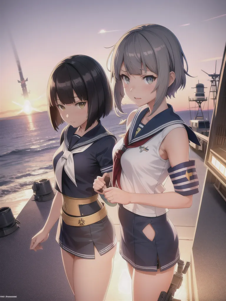 The image depicts two young women standing on the deck of a warship. They are both wearing white shirts, black skirts, and red ties. The woman on the left has short black hair and green eyes, while the woman on the right has short grey hair and blue eyes. They are both looking at the viewer with serious expressions. In the background, there is a large ship and a setting sun.