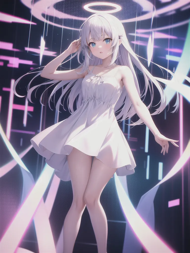 The image is an anime-style drawing of a young woman with long white hair and blue eyes. She is wearing a white dress and has a halo above her head. She is standing in a futuristic setting with bright lights and colorful streaks. The woman is smiling and has her hand raised in the air. She is surrounded by glowing particles and has a determined expression on her face.