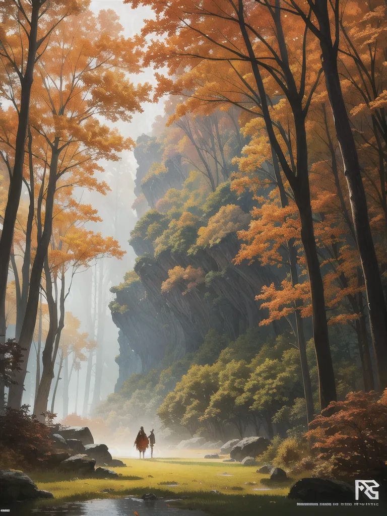 L'image est une magnifique peinture de paysage. Elle représente une forêt avec une rivière qui la traverse. Les arbres sont grands et majestueux, et les feuilles sont d'un orange vif. La rivière est large et calme, et elle reflète la lumière du ciel. Il y a deux personnages debout au milieu de la forêt. Ils portent tous deux des capes et tiennent des bâtons. L'image est remplie de mystère et de merveille, et elle invite les spectateurs à imaginer ce qui se passe dans l'histoire.