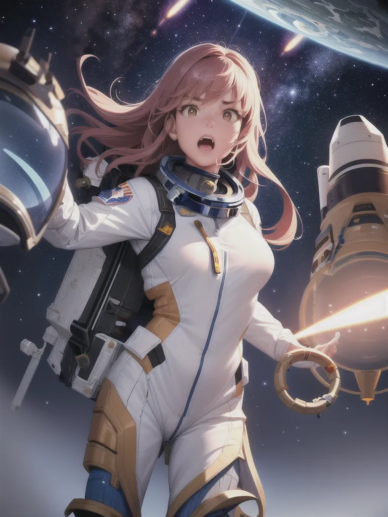 This is an image of an anime girl in a spacesuit with her helmet off. She is standing in front of a spaceship with the Earth in the background. She is looking to the left with her mouth open in an expression of surprise. She has long pink hair that is blowing in the wind. She is wearing a white spacesuit with orange and blue details. The spacesuit has the American flag patch on the sleeve. She is also wearing a backpack and a utility belt.