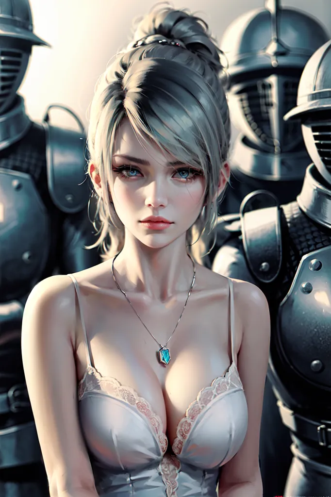 The image is a painting of a beautiful woman with long blonde hair, blue eyes, and a curvy figure. She is wearing a white lace bra and a silver necklace with a blue gem in the center. Her hair is pulled back in a ponytail and she has a serious expression on her face. She is standing in front of a group of men in armor. The men are all looking at her with expressions of awe and admiration. The woman is clearly the leader of the group and she is used to being in control. She is a powerful and confident woman who is not afraid to take risks. She is also a skilled fighter and she is not afraid to use her strength to protect the people she cares about.