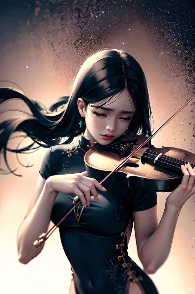 The image is a painting of a young woman playing the violin. She is dressed in a black cheongsam with gold trim and has long black hair that is blowing in the wind. She is playing a violin and has a sad expression on her face. The background is a dark color with a spotlight shining down on her.