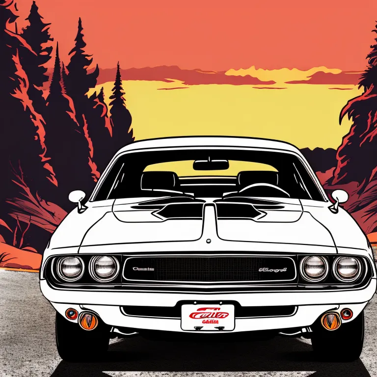 The image is a digital painting of a 1970 Dodge Challenger R/T. The car is white with a black vinyl top and red interior. It is parked on a winding road in the mountains. The sun is setting in the background, casting a warm glow over the scene. The car is in pristine condition and looks like it has just been restored. The painting is done in a realistic style and the artist has captured the beauty of the car and the surrounding scenery.