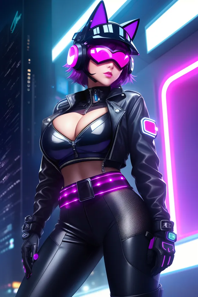 The image is a digital painting of a young woman with purple hair and cat ears. She is wearing a black leather jacket, a pair of goggles, and a purple and black bodysuit. She is also wearing a pair of headphones and has a belt with a glowing purple light around her waist. The background is a dark city with bright lights.