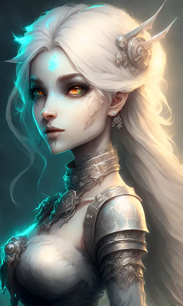 The image is a portrait of a beautiful, young woman with long, white hair and piercing, yellow eyes. She is wearing a white dress with a metal breastplate and has a sword strapped to her back. The woman has a determined expression on her face, and it is clear that she is a warrior. The background is a dark, swirling vortex of blue and grey, which suggests that she is in the midst of a battle.