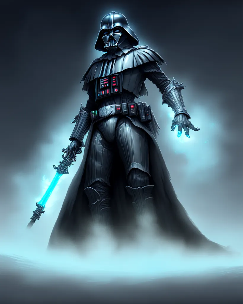 A imagem é de Darth Vader, um personagem da franquia Star Wars. Ele é mostrado como uma figura alta e imponente, vestido com uma armadura preta, com uma capa vermelha e uma máscara que cobre seu rosto. Ele está segurando um sabre de luz, que é uma espada azul brilhante. Ele está em um ambiente escuro e com fumaça, com uma fonte de luz brilhante atrás dele. A imagem é muito detalhada e captura o poder e a ameaça do personagem.