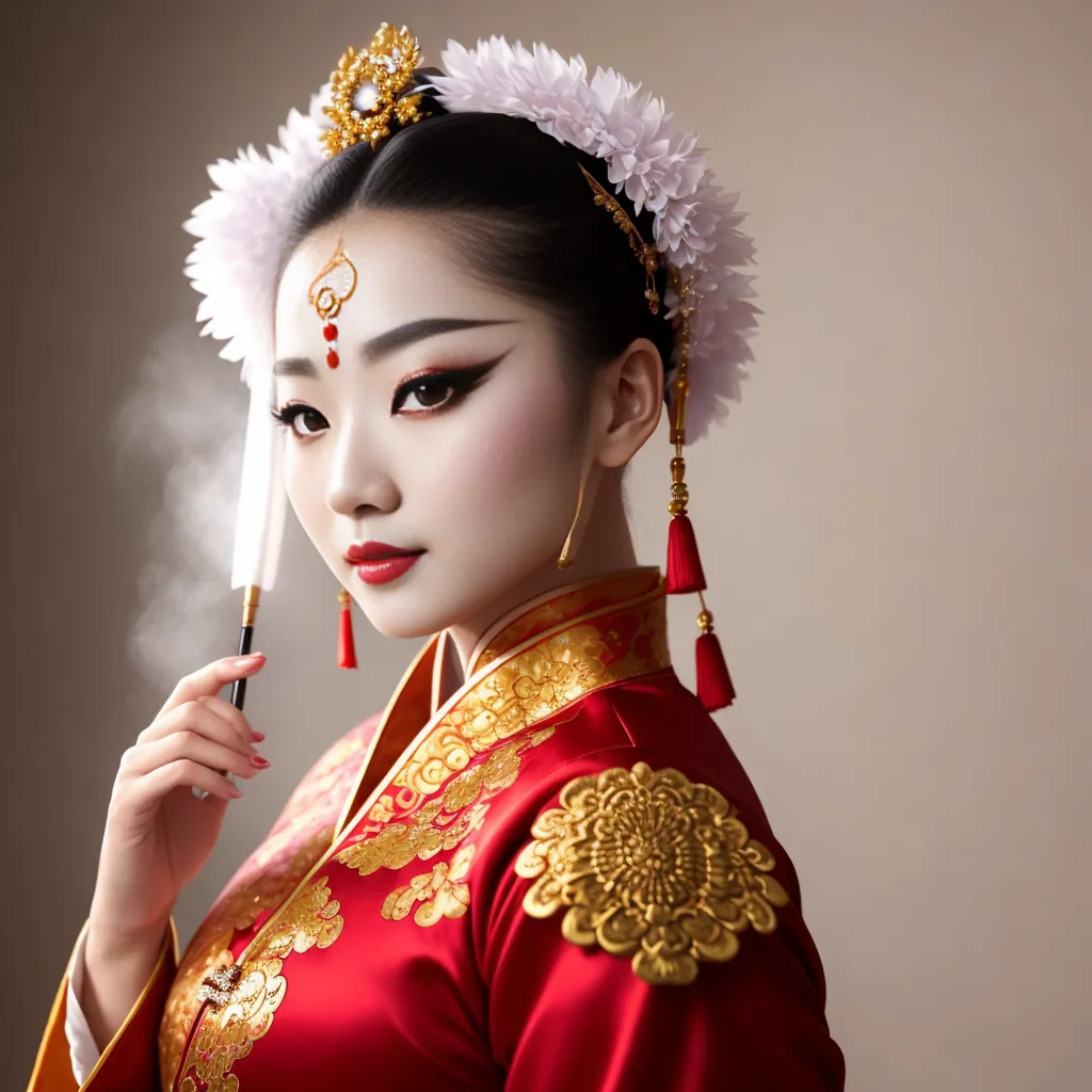 The image shows a young woman in a red and gold Chinese dress. She is wearing a traditional Chinese headdress with white flowers and gold ornaments. Her face is painted with white powder and red lipstick. She is holding a feather fan in her right hand. The background is a light brown color.