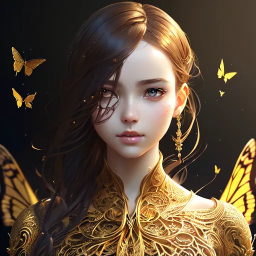 The image shows a beautiful young woman with long, flowing brown hair. Her eyes are a deep blue color, and her skin is fair and flawless. She is wearing a golden dress with intricate details, and there are butterflies fluttering around her. The background is dark, which makes the woman stand out. The overall effect of the image is one of beauty and serenity.