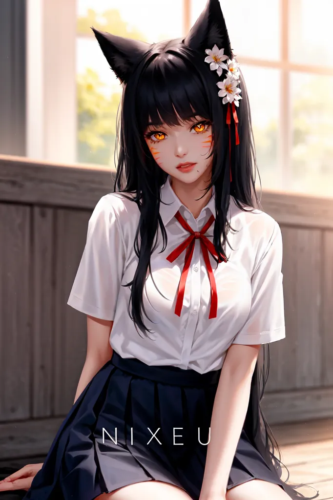 The image is of a young woman with long black hair and orange eyes. She is wearing a white blouse and a black skirt. She has a red ribbon tied around her neck. There are white flowers in her hair. She has cat ears and a tail. She is sitting on a wooden floor in front of a window.