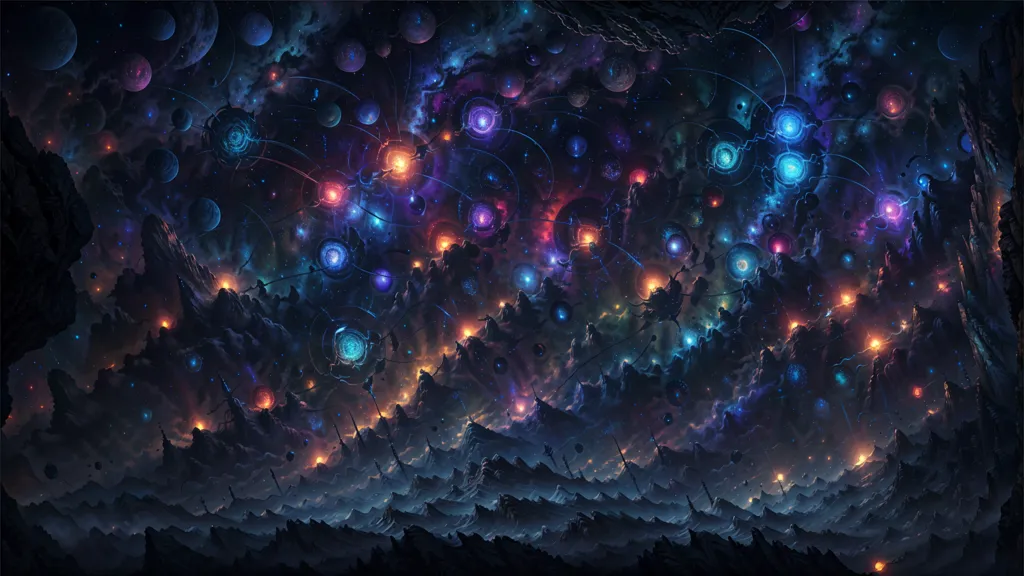 The image is set in a vast and deep space, with a dark background. There are many stars, planets, and other celestial bodies of various sizes and colors. They are arranged in a chaotic and random manner, creating a sense of mystery and wonder. The colors of the stars and planets are vibrant and saturated, giving the image a surreal and otherworldly feel. The overall effect is one of awe and inspiration, as the viewer is transported to a realm beyond their own.