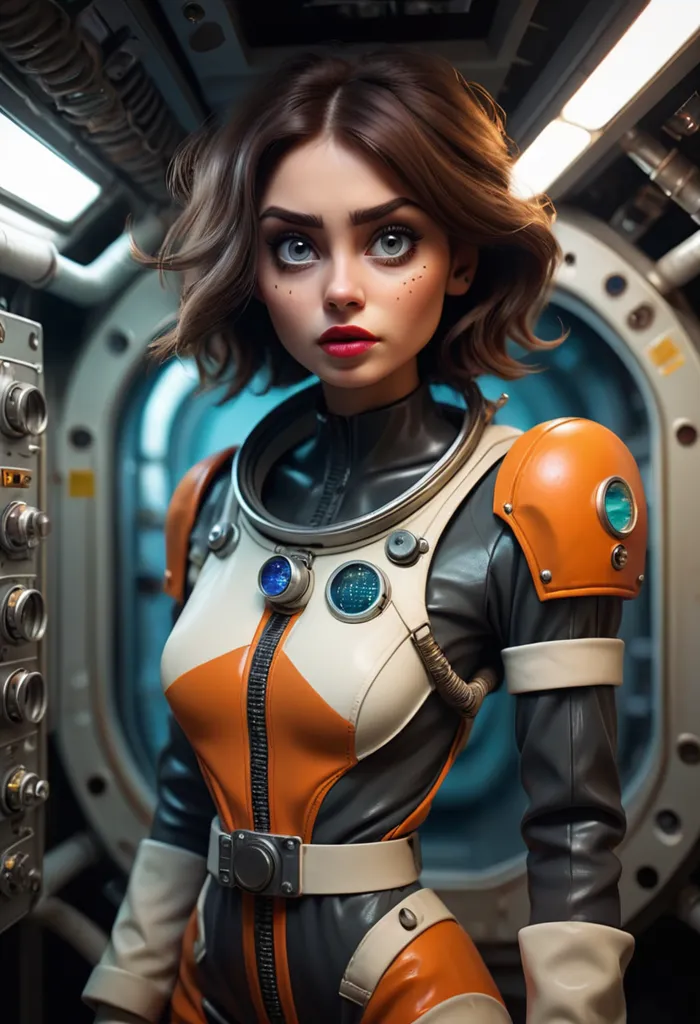 The image is of a young girl in a spacesuit with brown hair. She is standing in a spaceship, and there is a blue light in the background. The girl is looking at the camera with a serious expression on her face. She is wearing a white spacesuit with orange and black stripes. The spacesuit has a clear bubble helmet, and she is wearing a backpack with a hose attached to it.