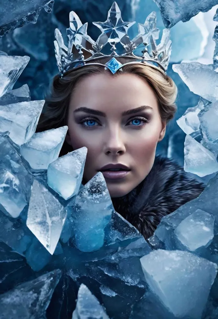 This is an image of the Snow Queen. She is a beautiful woman with long blonde hair, blue eyes, and a pale complexion. She is wearing a silver crown and a white fur coat. She is surrounded by ice and snow.