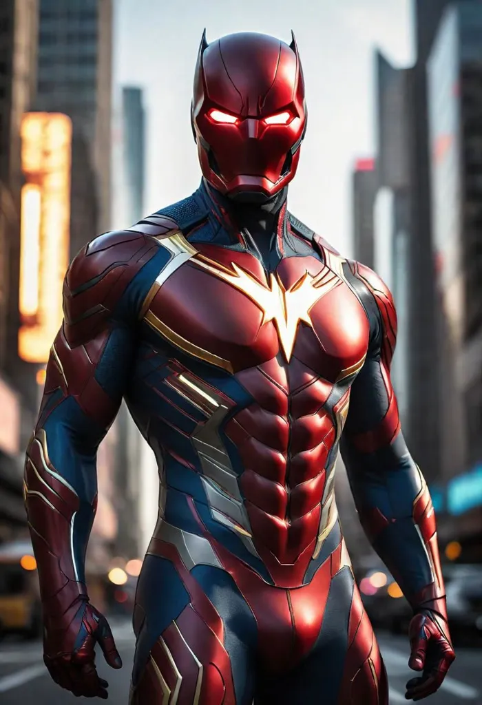 The image shows a superhero wearing a red and gold suit. The suit has a bat-like symbol on the chest and a red cape. The superhero is standing in a city and looking at the camera. The city is in the background and is out of focus.