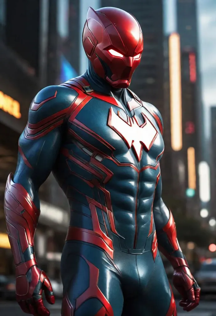 The image shows a superhero wearing a red and blue suit. The suit has a bat symbol on the chest and a red mask that covers his eyes. The superhero is standing in a city and looking at something.