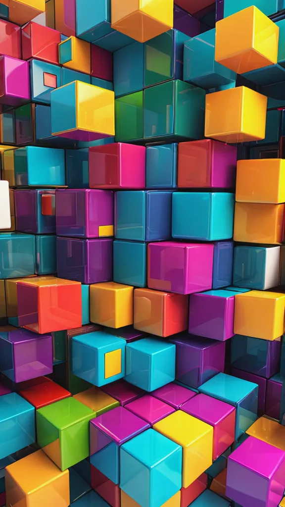 The image is a three-dimensional array of cubes of different colors. The cubes are arranged in a staggered pattern, so that each cube is visible from at least one side. The colors of the cubes are bright and saturated, and they create a sense of visual excitement. The image has a sense of depth, as the cubes recede into the distance. The overall effect of the image is one of visual interest and appeal.